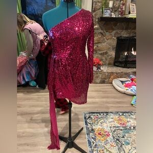 Pink Sequin One-Shoulder Dress